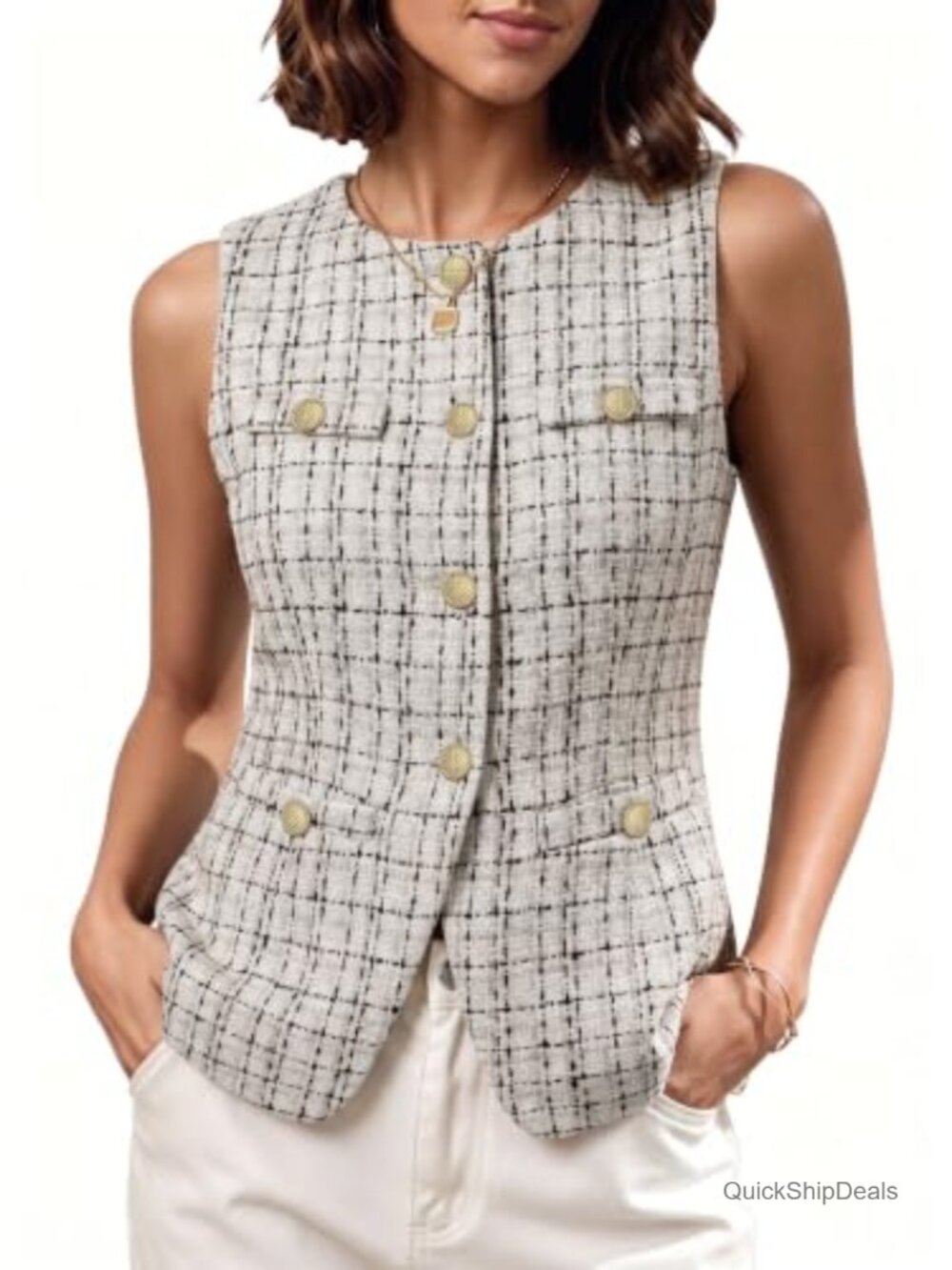 Tweed Vest Sleeveless Button Front Waistcoat Layering